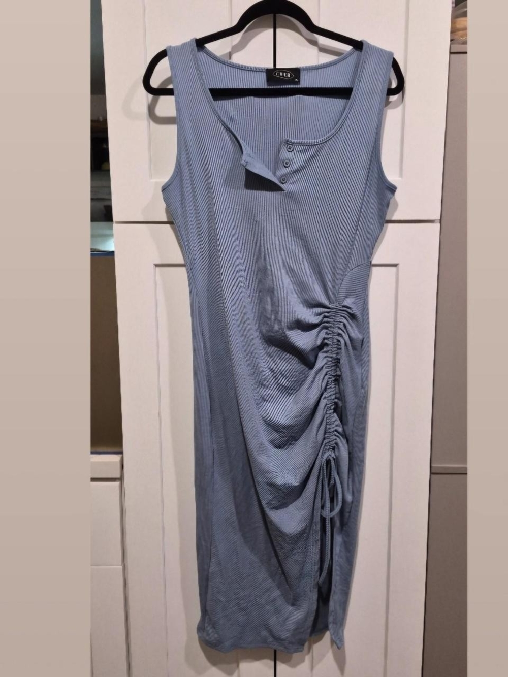Cider Light Blue Ribbed Sleeveless Ruched Midi Dress